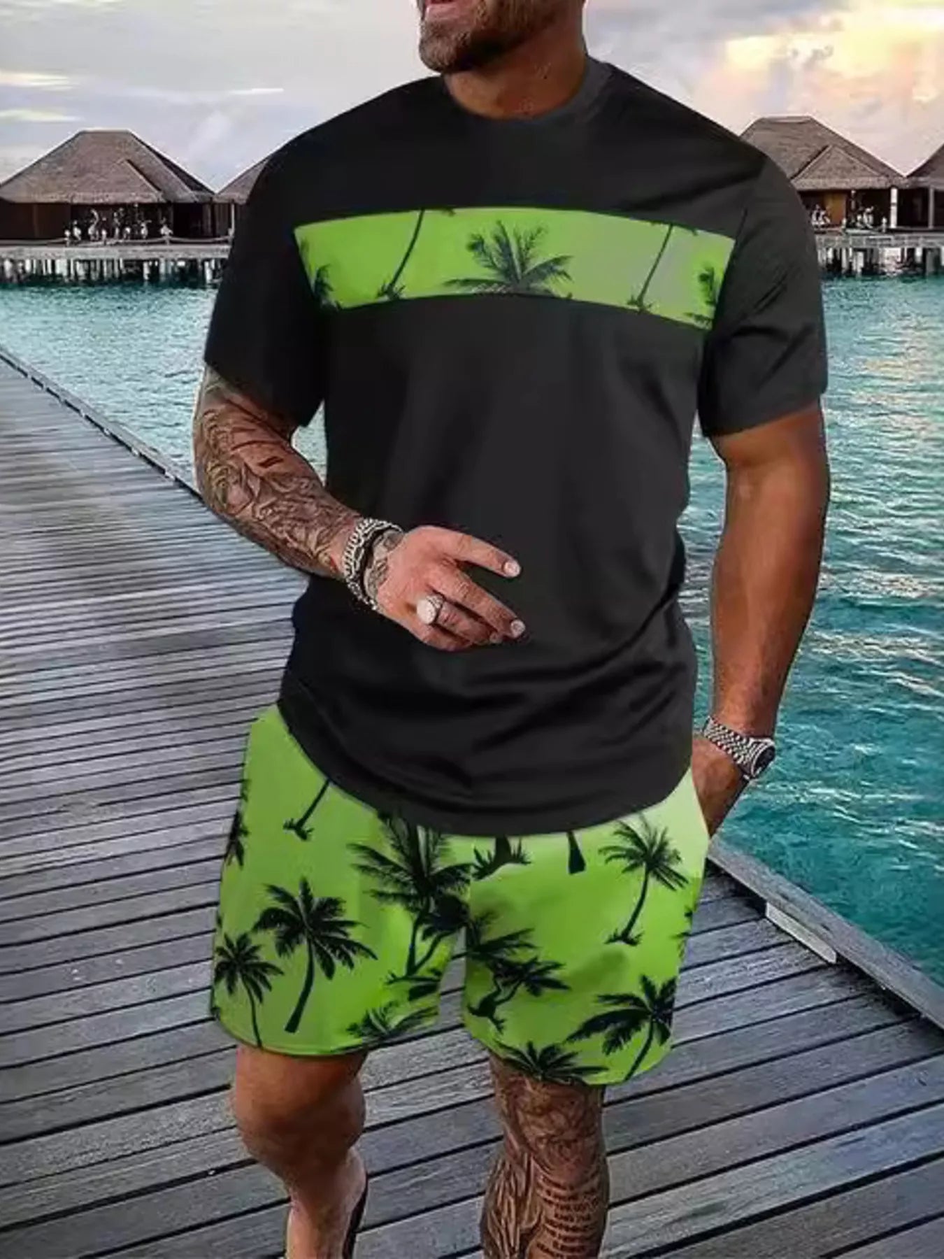 Men's full size tropical palm tree tee and shorts set in hot pink, plus size, by Trendsi, featuring vibrant palm print and casual fit.
