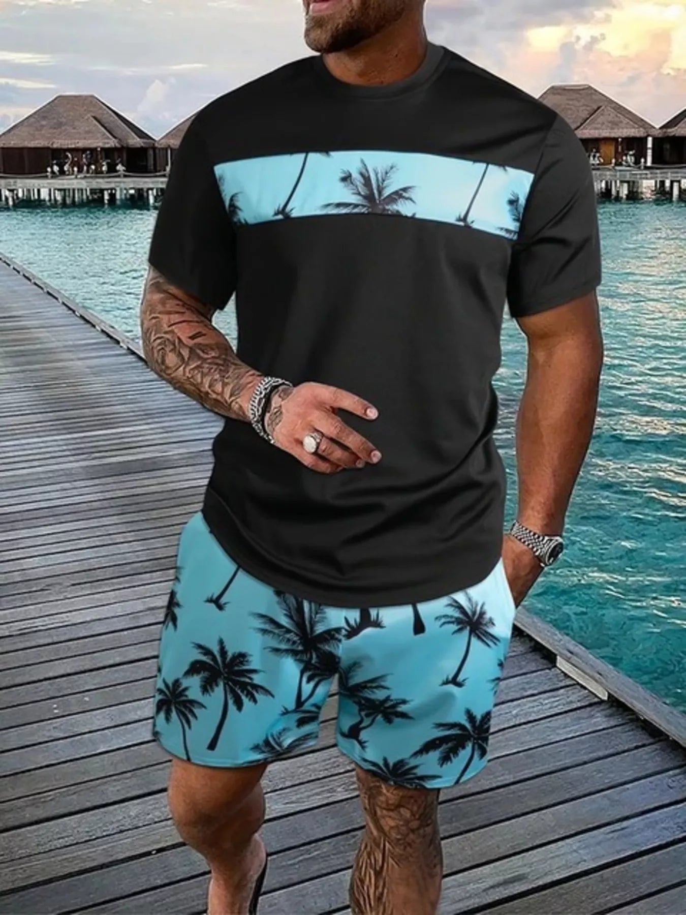 Men's plus size tropical palm tree tee and shorts set in hot pink, Trendsi brand, casual summer outfit with vibrant print.