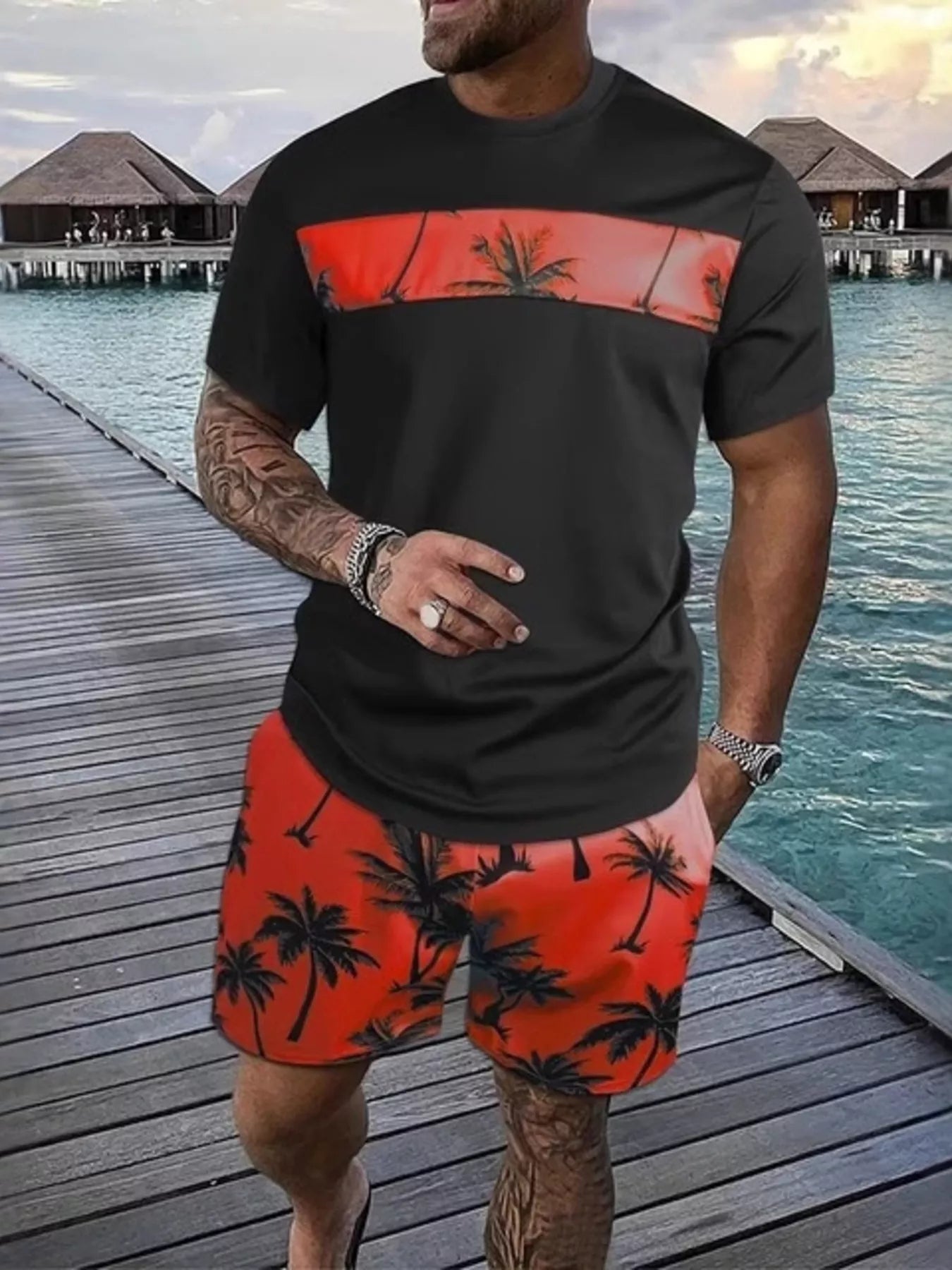 Men's full-size tropical palm tree tee and shorts set in hot pink, plus size, from Trendsi, featuring a vibrant, casual summer look.