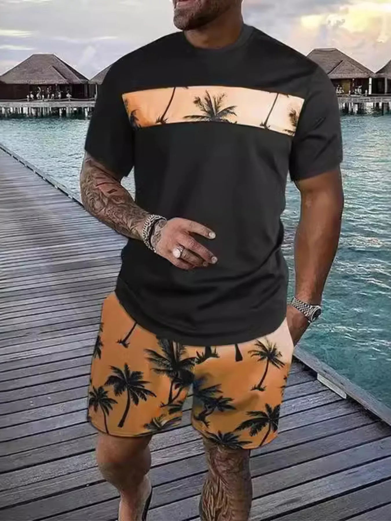 Men's plus size tropical palm tree tee and shorts set in hot pink, featuring a vibrant palm print and casual summer style.