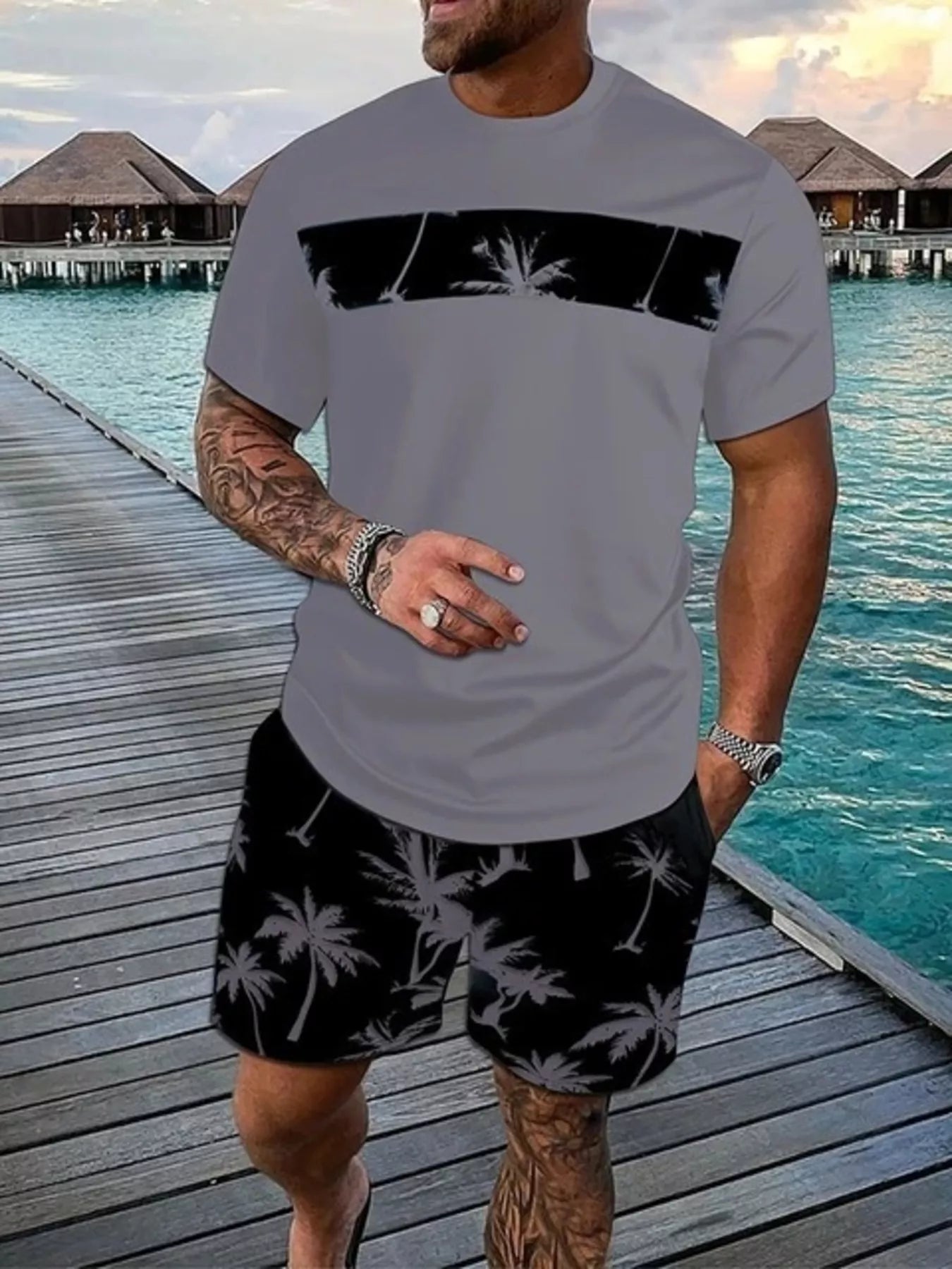 Men's tropical palm tree tee and shorts set in hot pink, plus size, from Trendsi, featuring a vibrant, casual summer outfit.