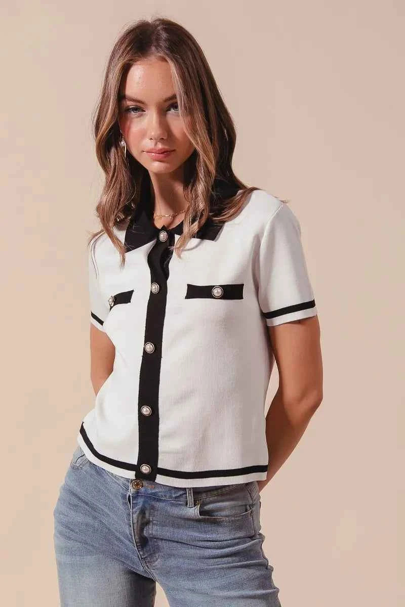 Ivory and black SO ME button-down knitted sweater shirt by Trendsi, featuring a cozy, stylish knit design and classic collar.