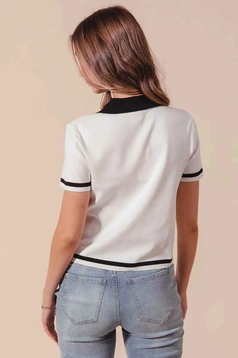 Ivory and black SO ME button-down knitted sweater shirt top by Trendsi, featuring a cozy, stylish knit design.