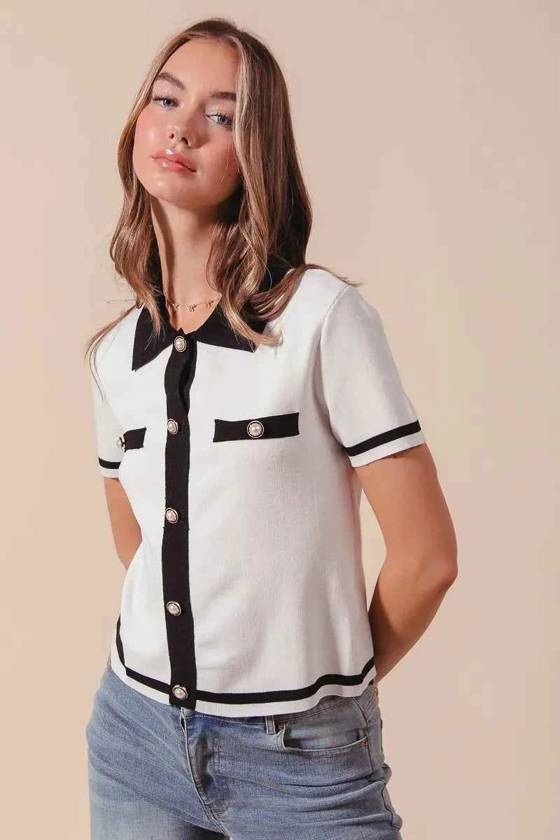 Ivory and black SO ME button-down knitted sweater shirt top by Trendsi, featuring a cozy, stylish design with a classic collar.