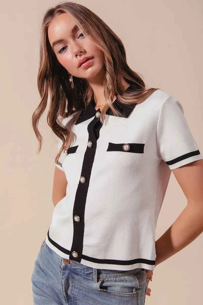 Ivory and black SO ME button-down knitted sweater shirt top from Trendsi, with a classic collar and long sleeves.