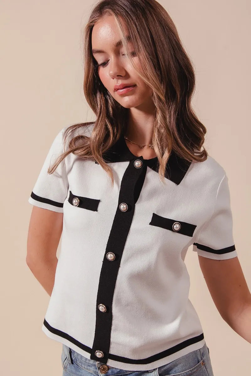 Ivory and black Trendsi SO ME button-down knitted sweater shirt top displayed on a model, featuring a classic collar and long sleeves.
