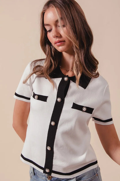 Ivory and black Trendsi SO ME button-down knitted sweater shirt top displayed on a model, featuring a classic collar and long sleeves.