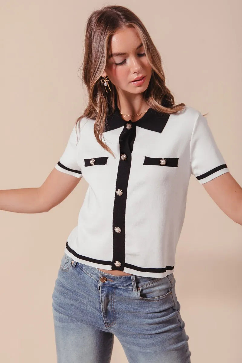 Ivory and black SO ME button-down knitted sweater shirt top by Trendsi, featuring a classic collar and cozy knit fabric.