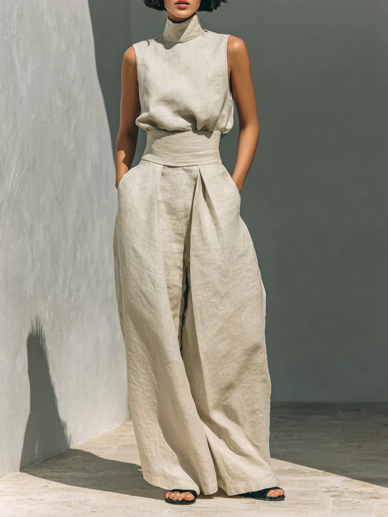 Sleeveless turtleneck top and matching pants set by Trendsi, featuring a sleek, fitted design in neutral fabric.