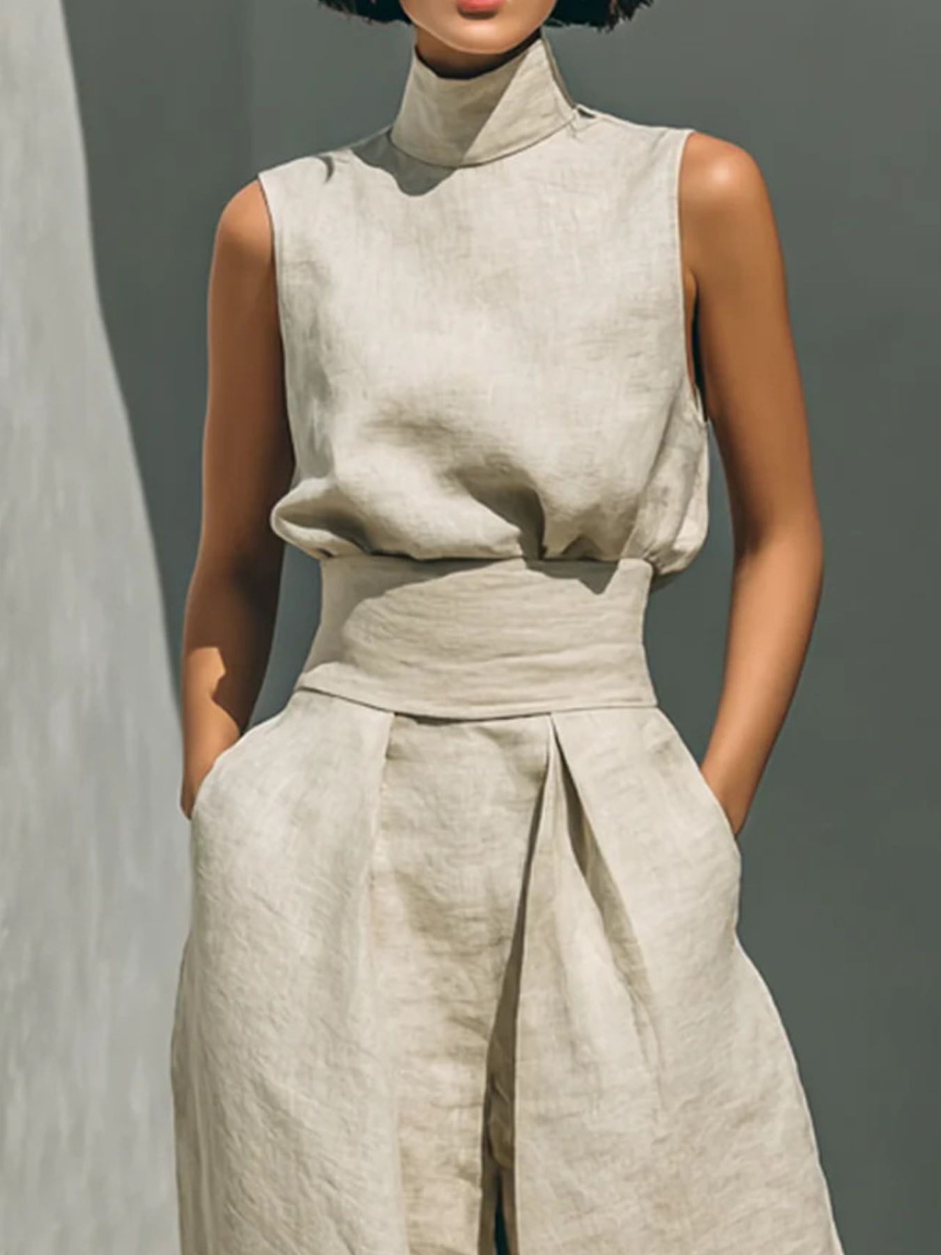 Sleeveless turtleneck top and matching pants set by Trendsi, in a stylish coordinated outfit with a fitted silhouette.