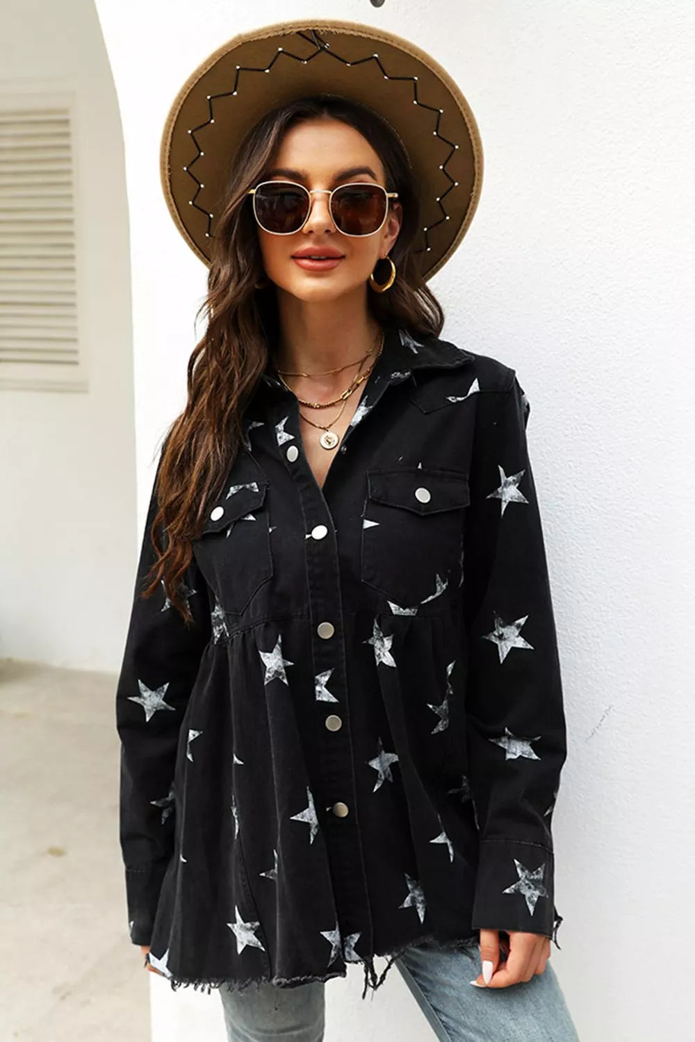 Black denim jacket with collared neck and star print, long sleeves, from Trendsi, stylish for casual wear.