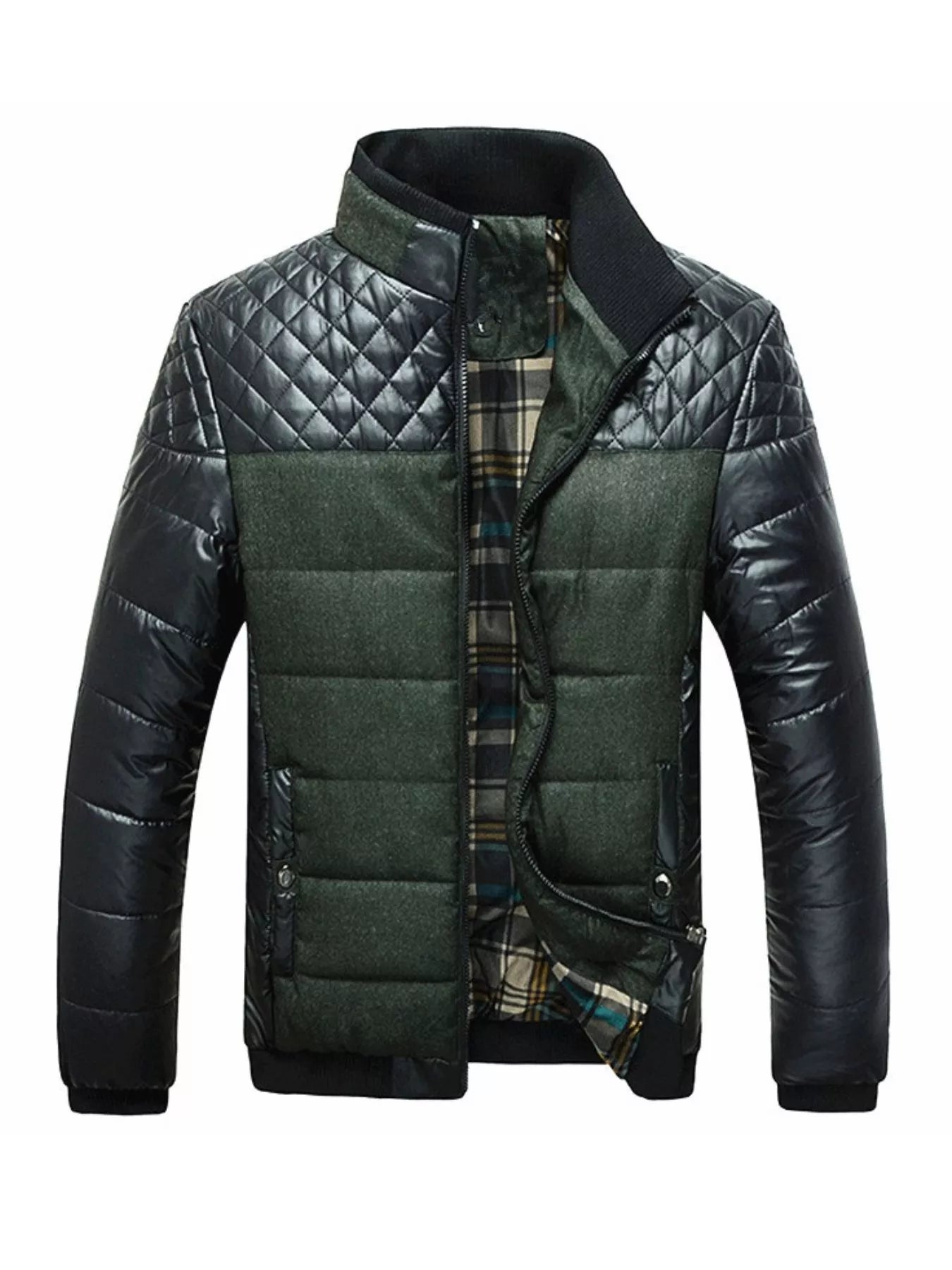 Men's plus size grey zip-up puffer jacket from Trendsi, insulated jacket with hood and front pockets, casual winter outerwear.
