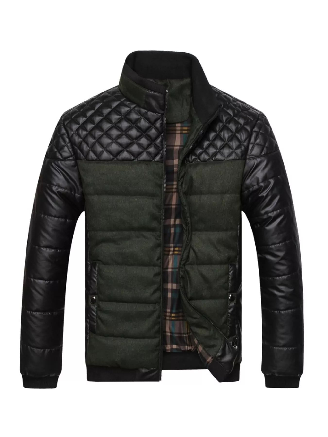 Men's plus size grey zip-up puffer jacket from Trendsi, lightweight insulated coat with hood and front pockets.