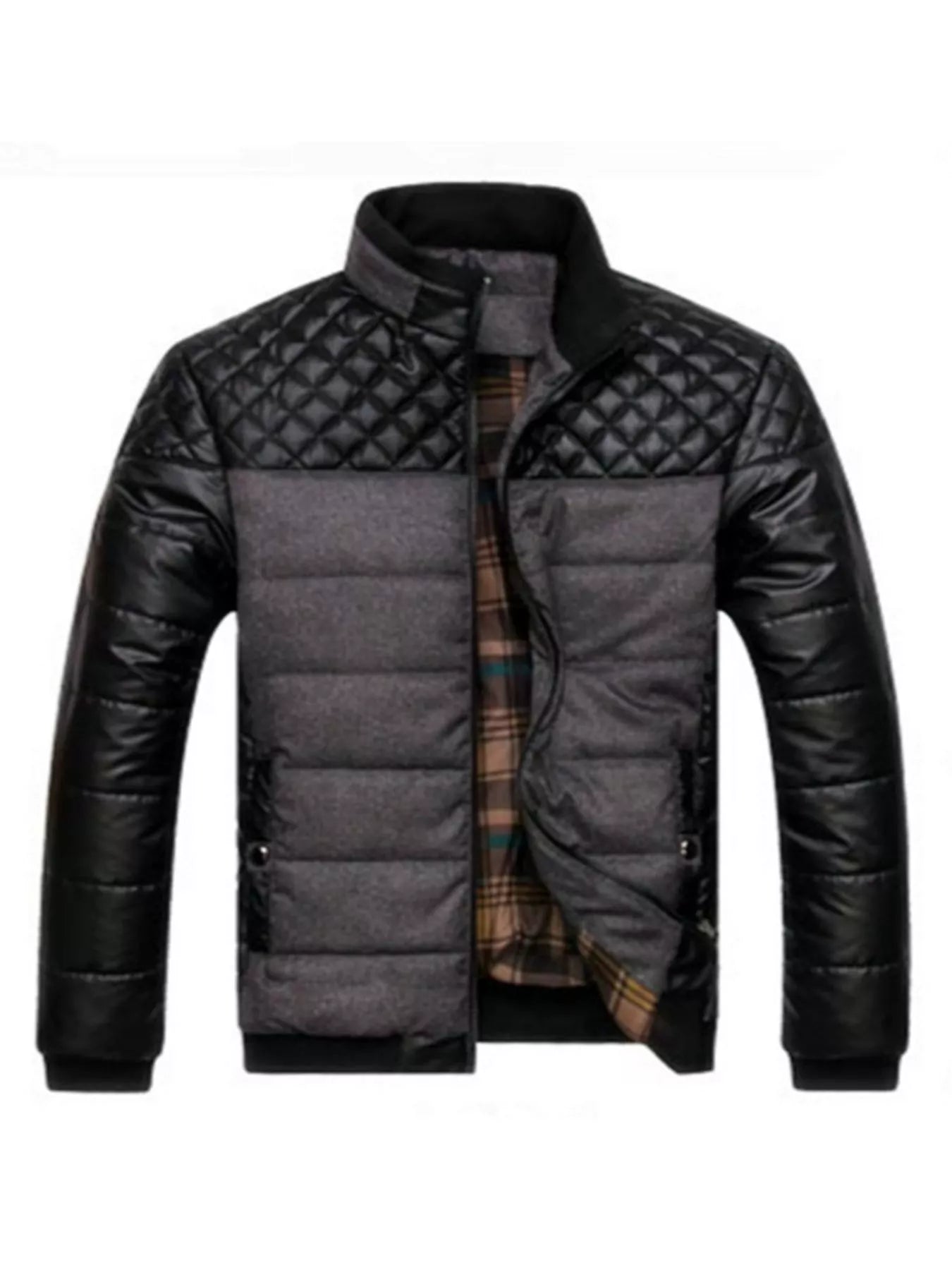 Men's plus size grey puffer jacket with zip-up front, Trendsi jackets and coats, warm outerwear for cold weather.