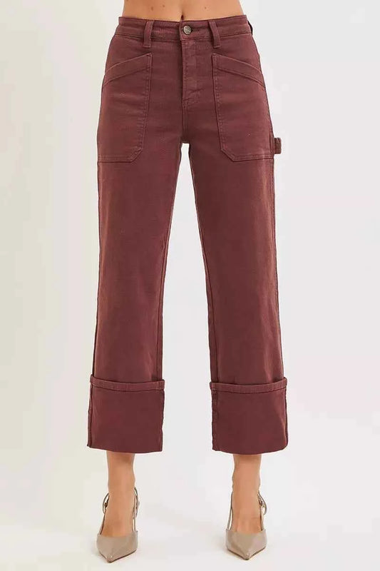 Plus size RISEN high rise wide straight cuffed jeans by Trendsi, showing the denim fabric and cuffed hem detail.