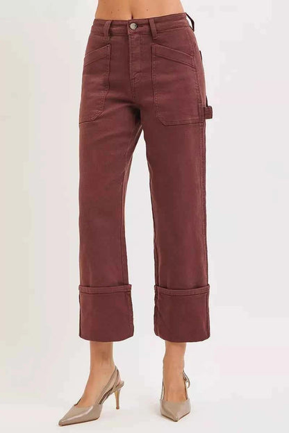 Plus size RISEN high rise wide straight cuffed patch jeans by Trendsi, shown in a full-length view with cuffed hems and patch details