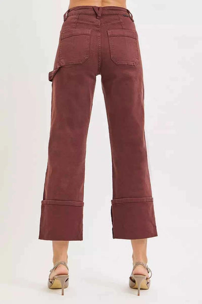 Plus size RISEN high rise wide straight cuffed patch jeans from Trendsi, showing the full length and stylish denim design.