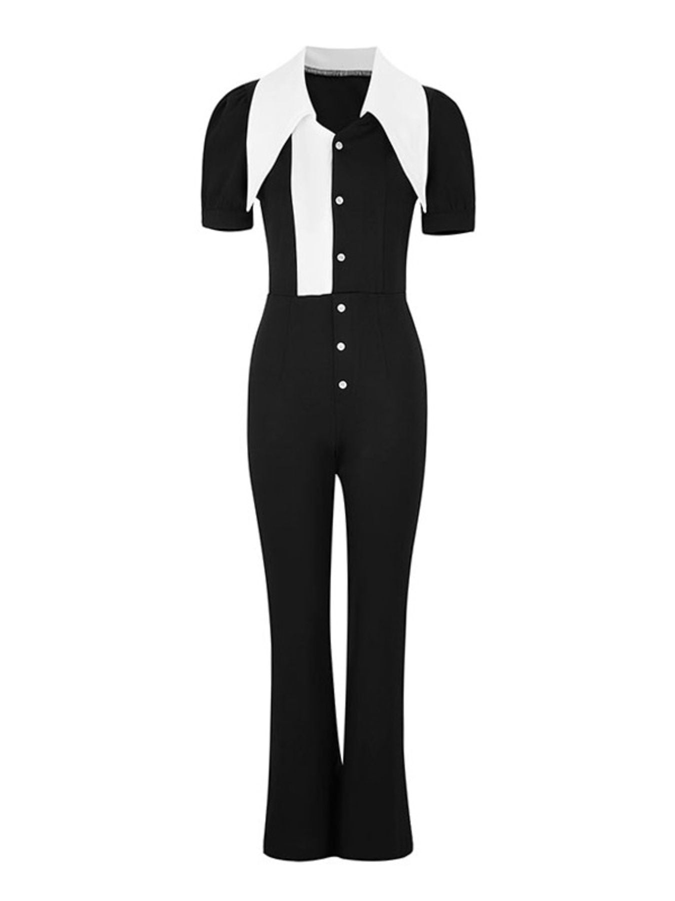 Black contrast button-down wide-leg jumpsuit by Trendsi, featuring a stylish fit and flowing wide-leg design.