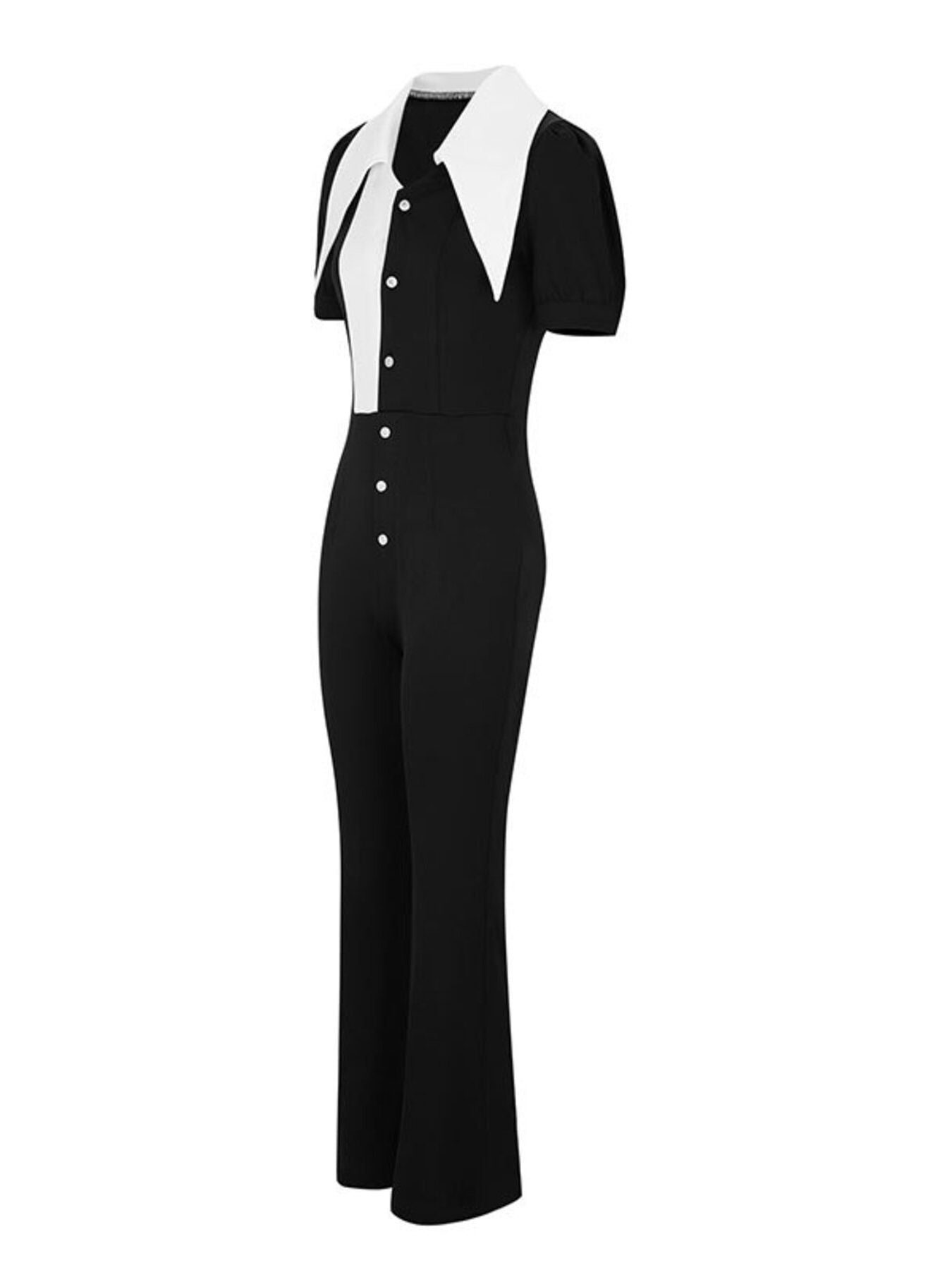 Black contrast button-down wide-leg jumpsuit by Trendsi, featuring a sleek design with a relaxed fit and stylish wide-leg silhouette.