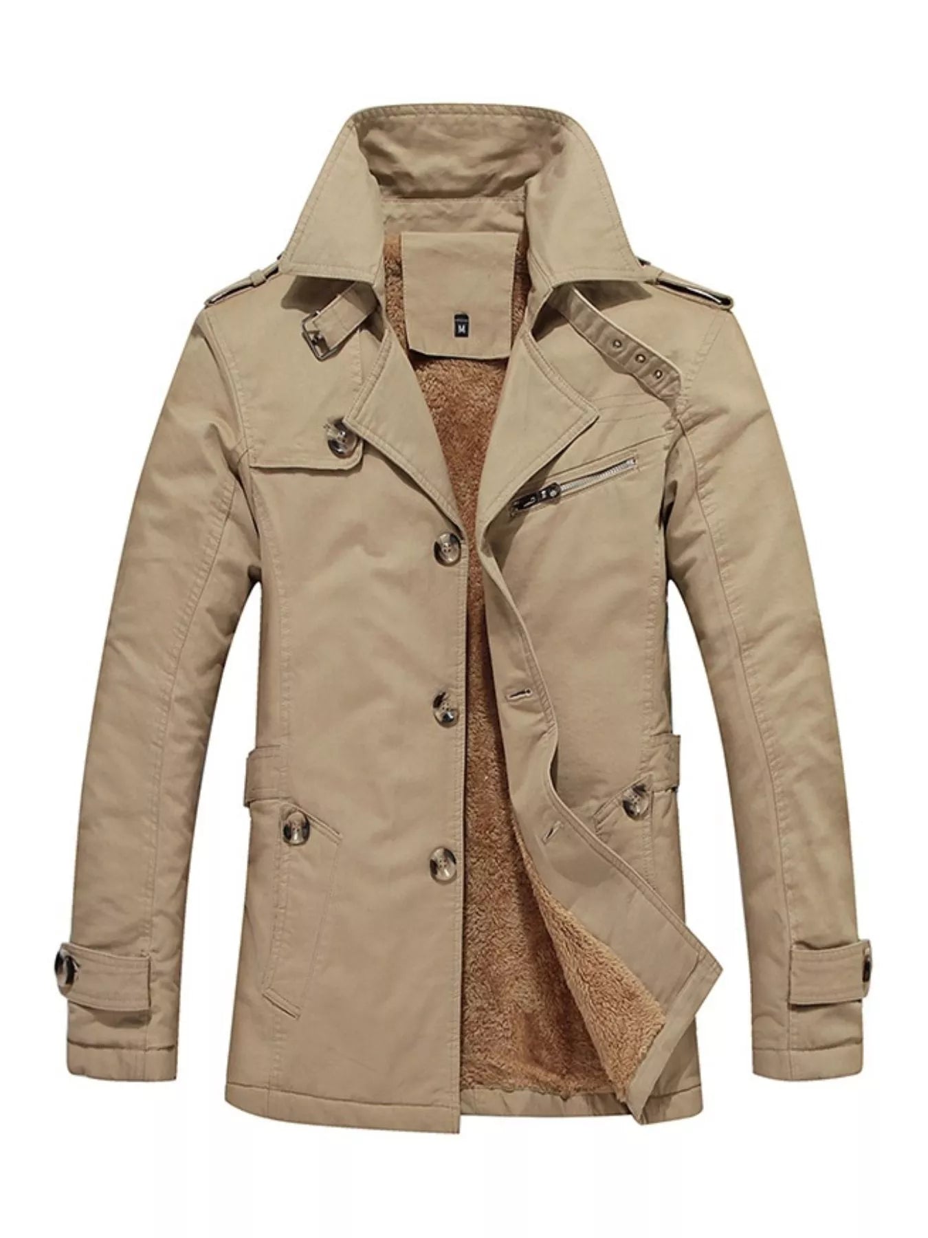 Men's plus size khaki button-up long sleeve coat by Trendsi, featuring a classic design and comfortable fit.