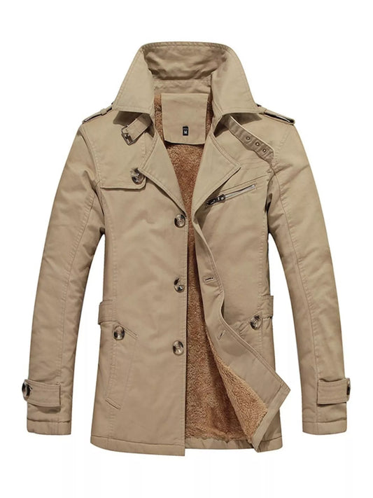 Men's plus size khaki button-up long sleeve coat by Trendsi, featuring a classic design and comfortable fit.