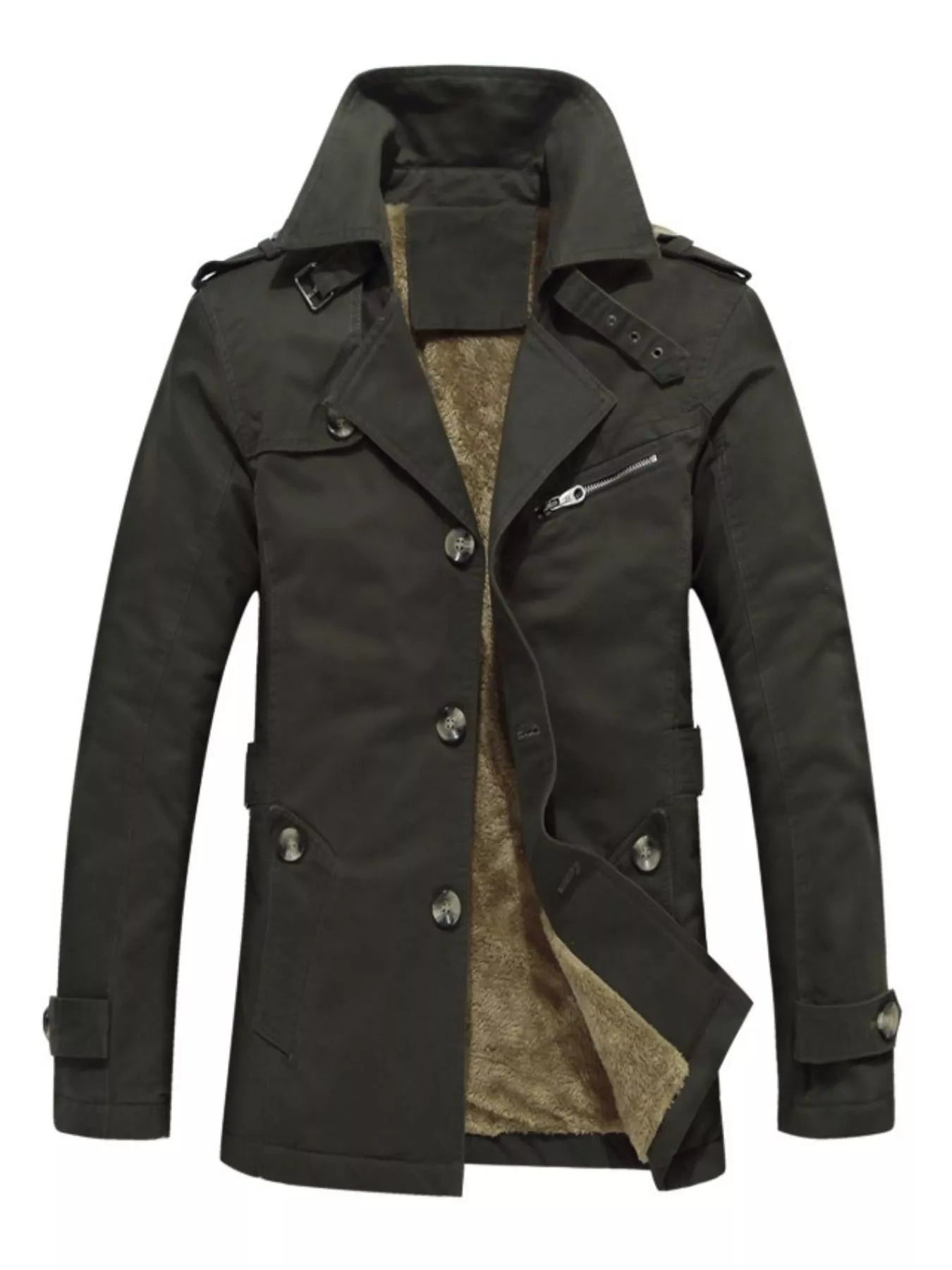 Men's plus size khaki button-up long sleeve coat by Trendsi, styled with a collar and front buttons, suitable for casual or formal wear.