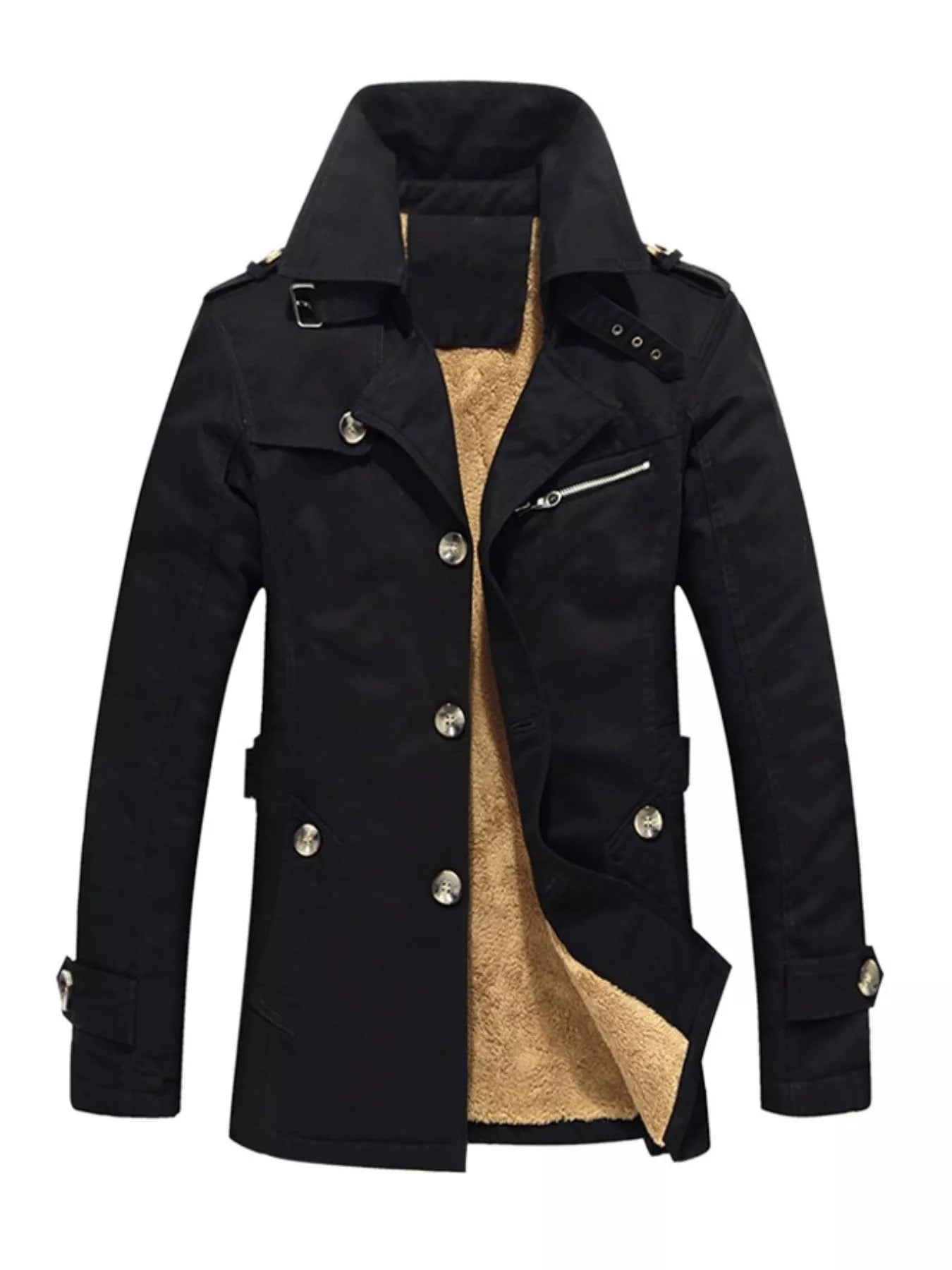 Men's plus size khaki button-up long sleeve coat from Trendsi, featuring a classic design and comfortable fit.
