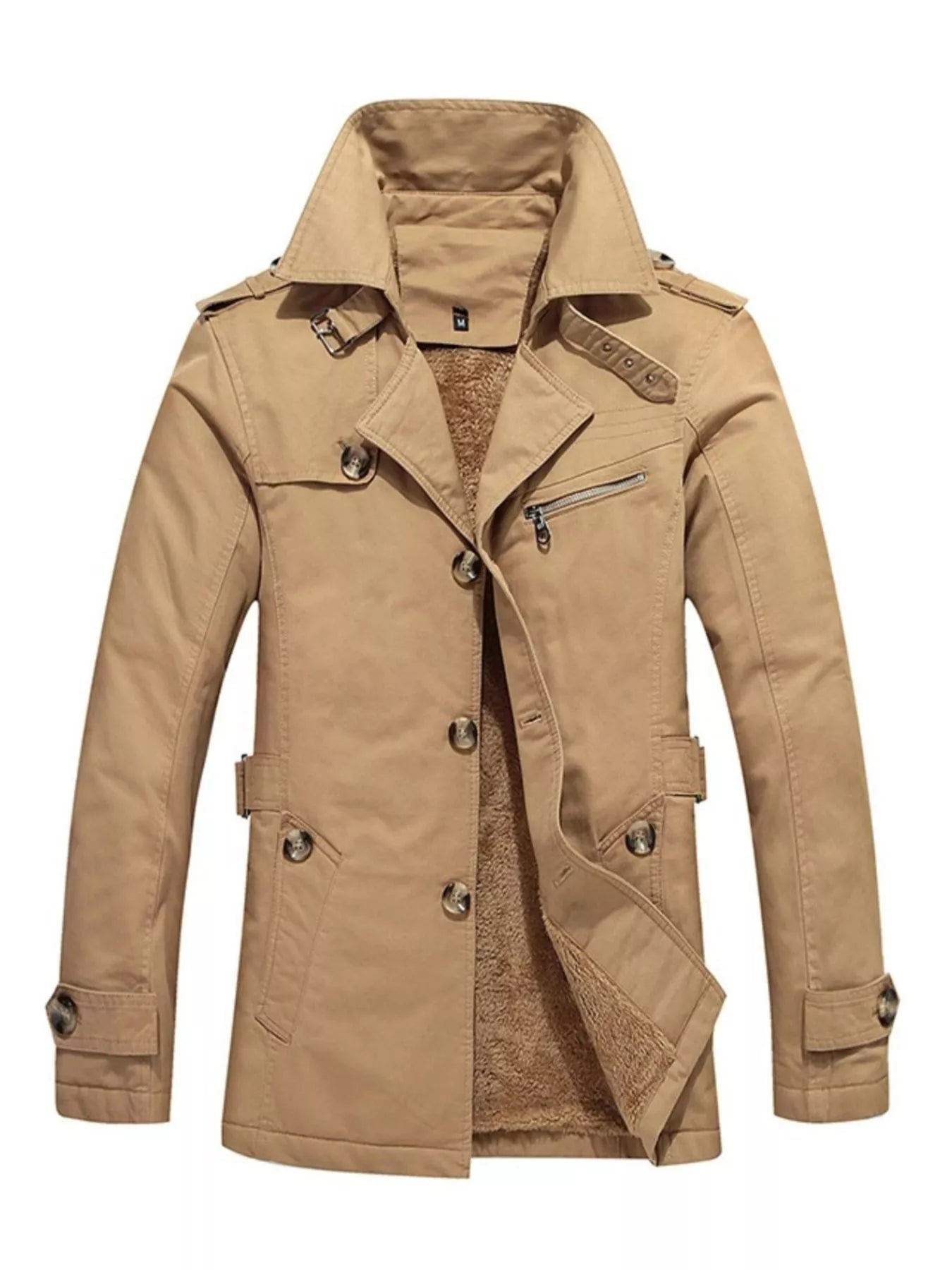 Men's plus size khaki button-up long sleeve coat by Trendsi, shown with front view and classic collar detail.
