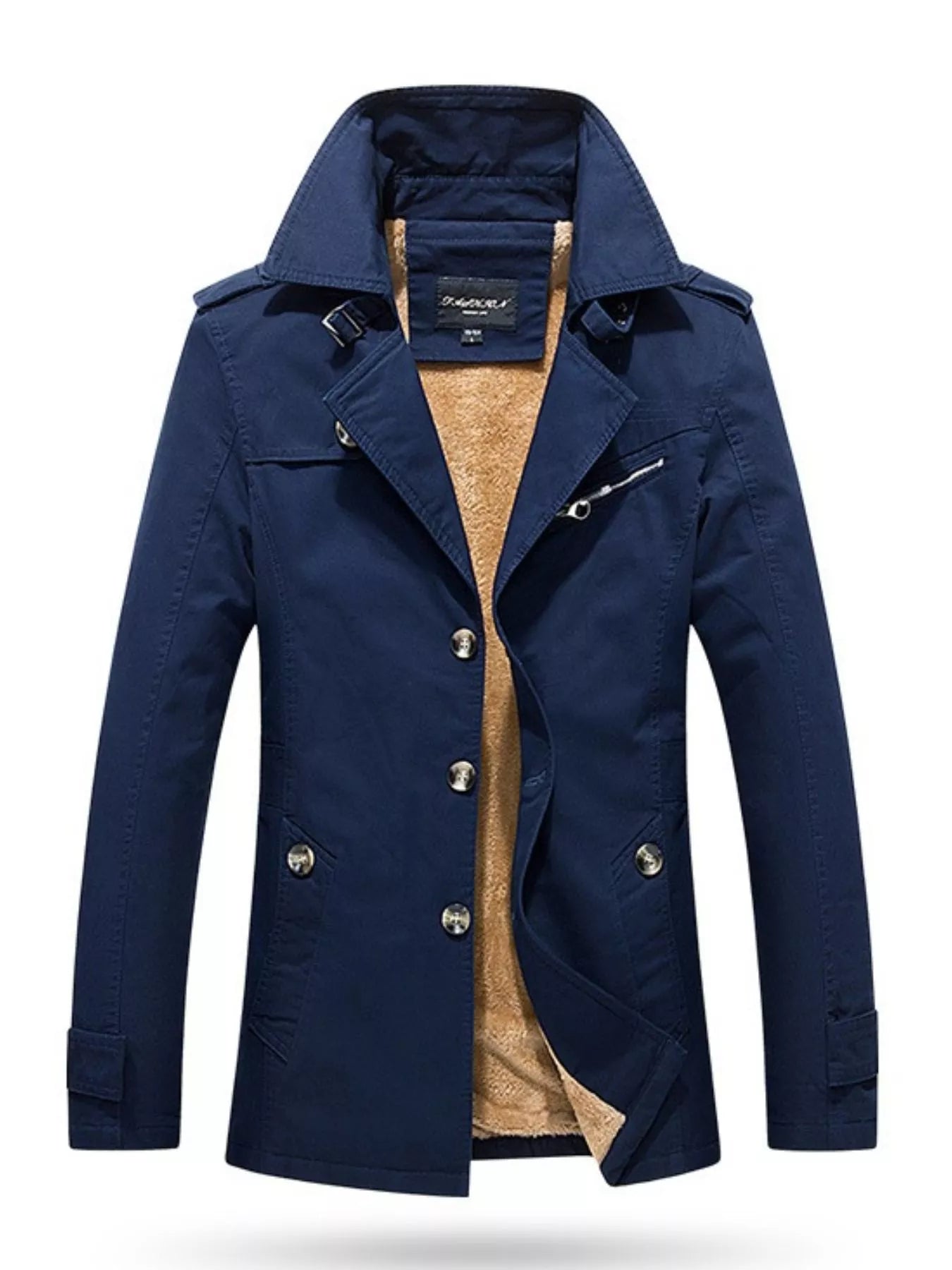 Men's plus size khaki button-up long sleeve coat by Trendsi, shown on a model, featuring a classic collar and button front design.