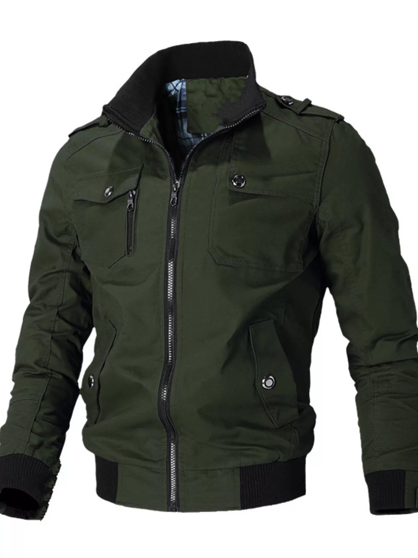 Men's plus size casual khaki zip-up lightweight jacket by Trendsi, shown with front view and full zipper detail.