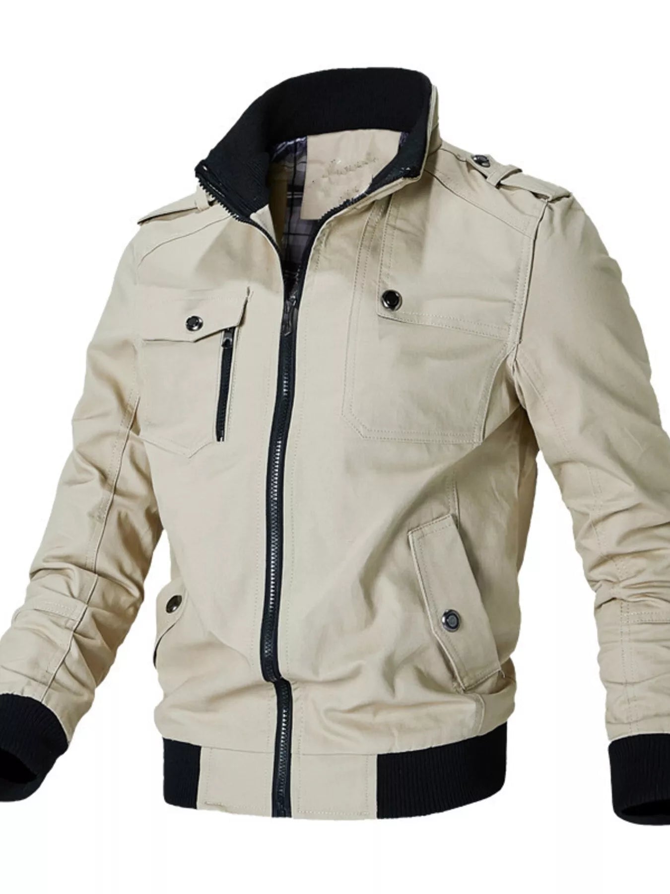 Men's plus size casual khaki lightweight zip-up jacket from Trendsi, shown in a relaxed fit and soft fabric.