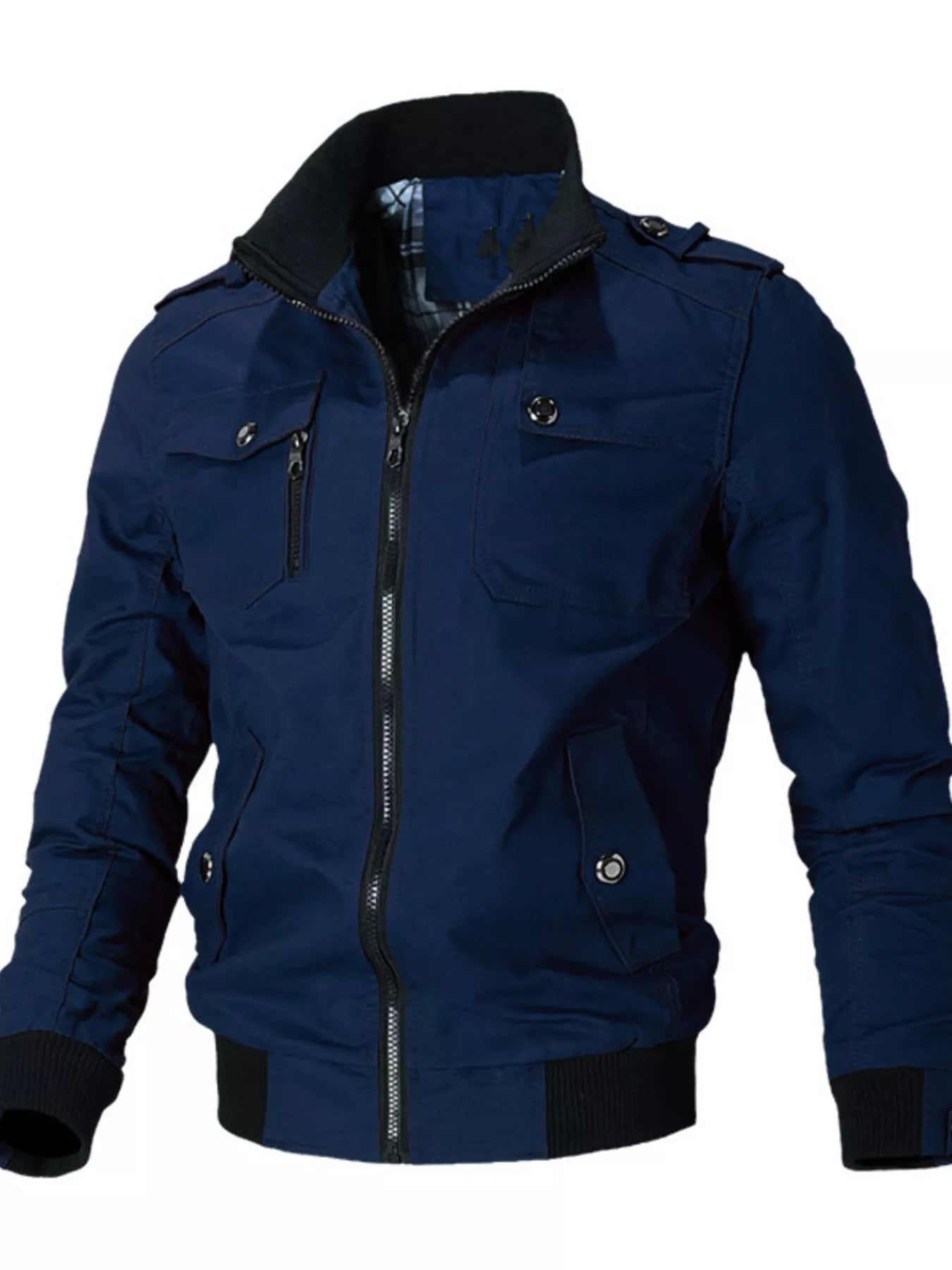 Men's plus size casual khaki zip-up lightweight jacket by Trendsi, shown in a front view with a stand collar and full zipper closure.