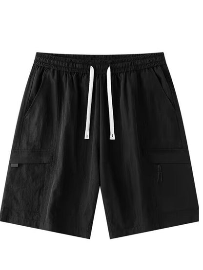 Plus size men's cargo shorts with drawstring waist and relaxed fit, featuring multiple pockets, in a casual outdoor style.