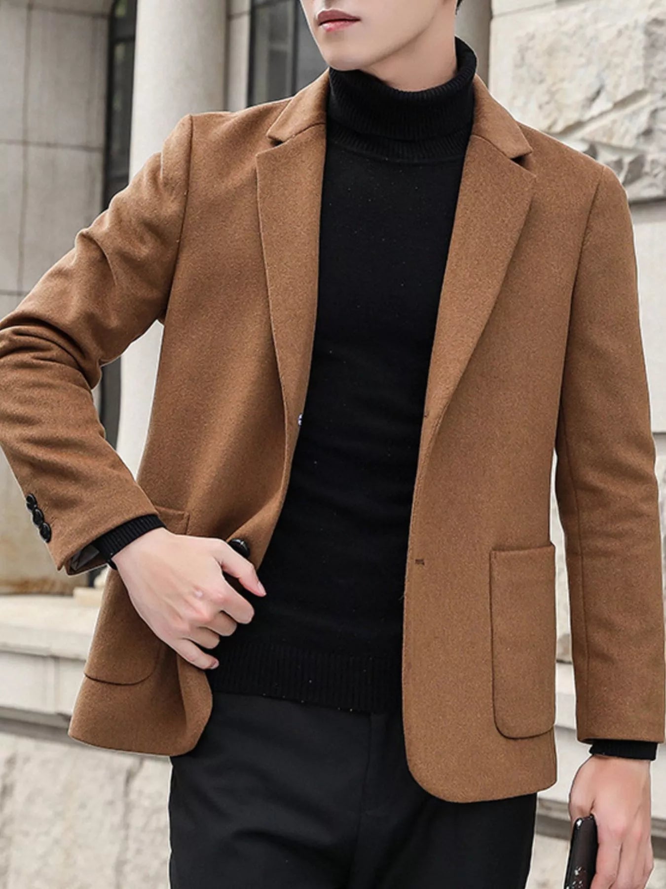 Men's plus size khaki blazer with lapel collar and long sleeves, stylish men's fashion blazer by Trendsi.