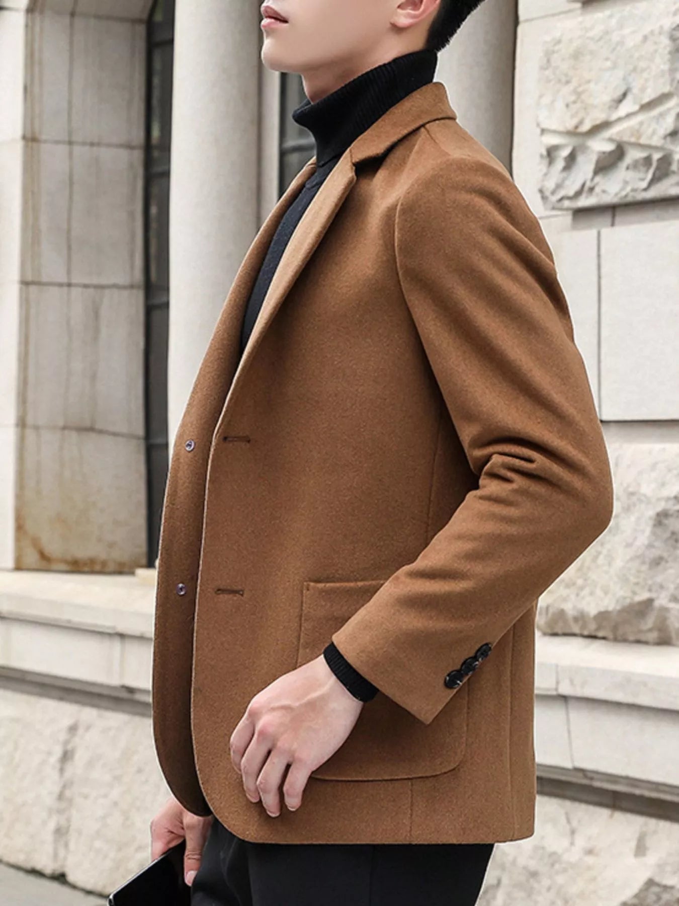 Men's plus size khaki blazer with lapel collar and long sleeves, stylish men's fashion blazer by Trendsi.