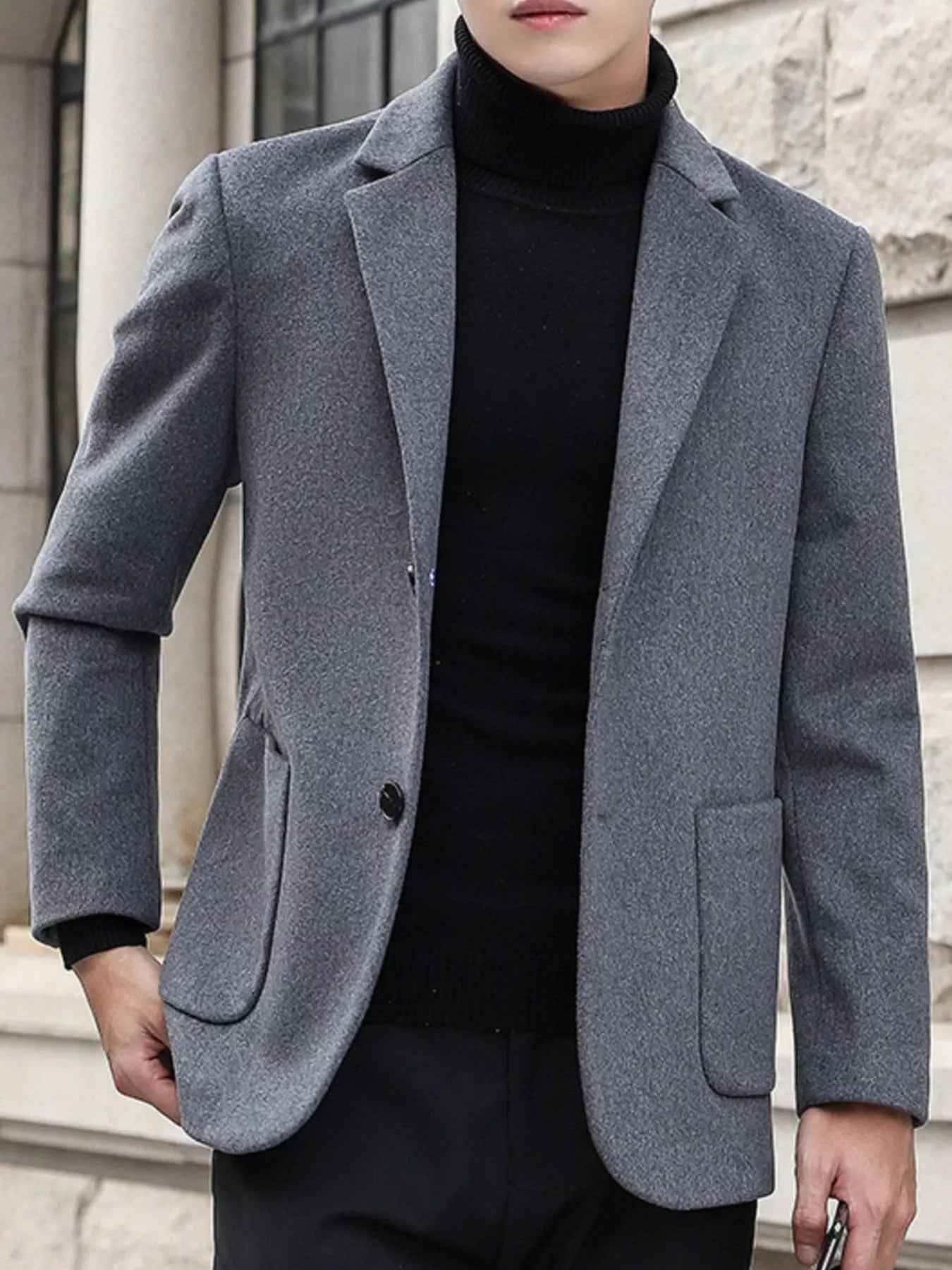 Men's plus size khaki blazer with lapel collar and long sleeves, stylish men's dress blazer by Trendsi.