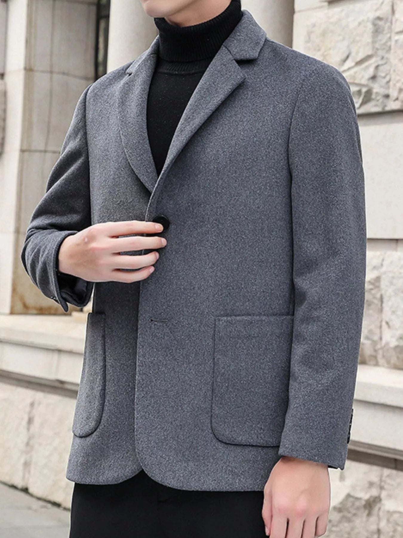 Men's plus size khaki blazer with lapel collar and long sleeves, stylish Trendsi men's fashion blazer.
