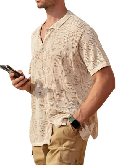 Men's full-size khaki short sleeve button-down shirt by Trendsi, casual plus-size men's clothing, front view