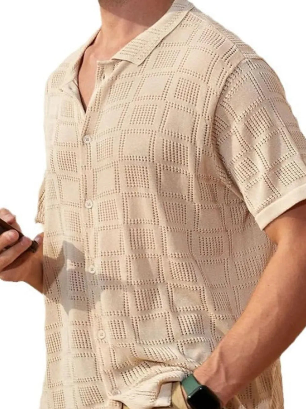 Men's khaki short sleeve button-down shirt in full size, plus size from Trendsi, displayed on a hanger.