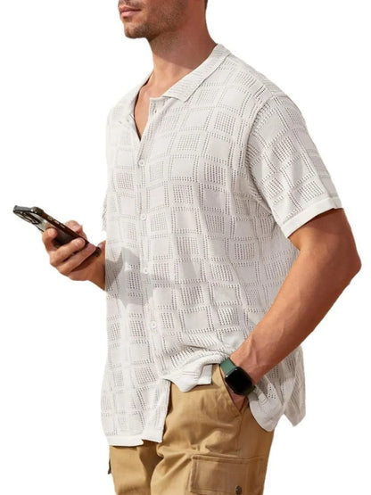 Men's plus size khaki short sleeve button-down shirt by Trendsi, full size, casual fit, with collar and front buttons.