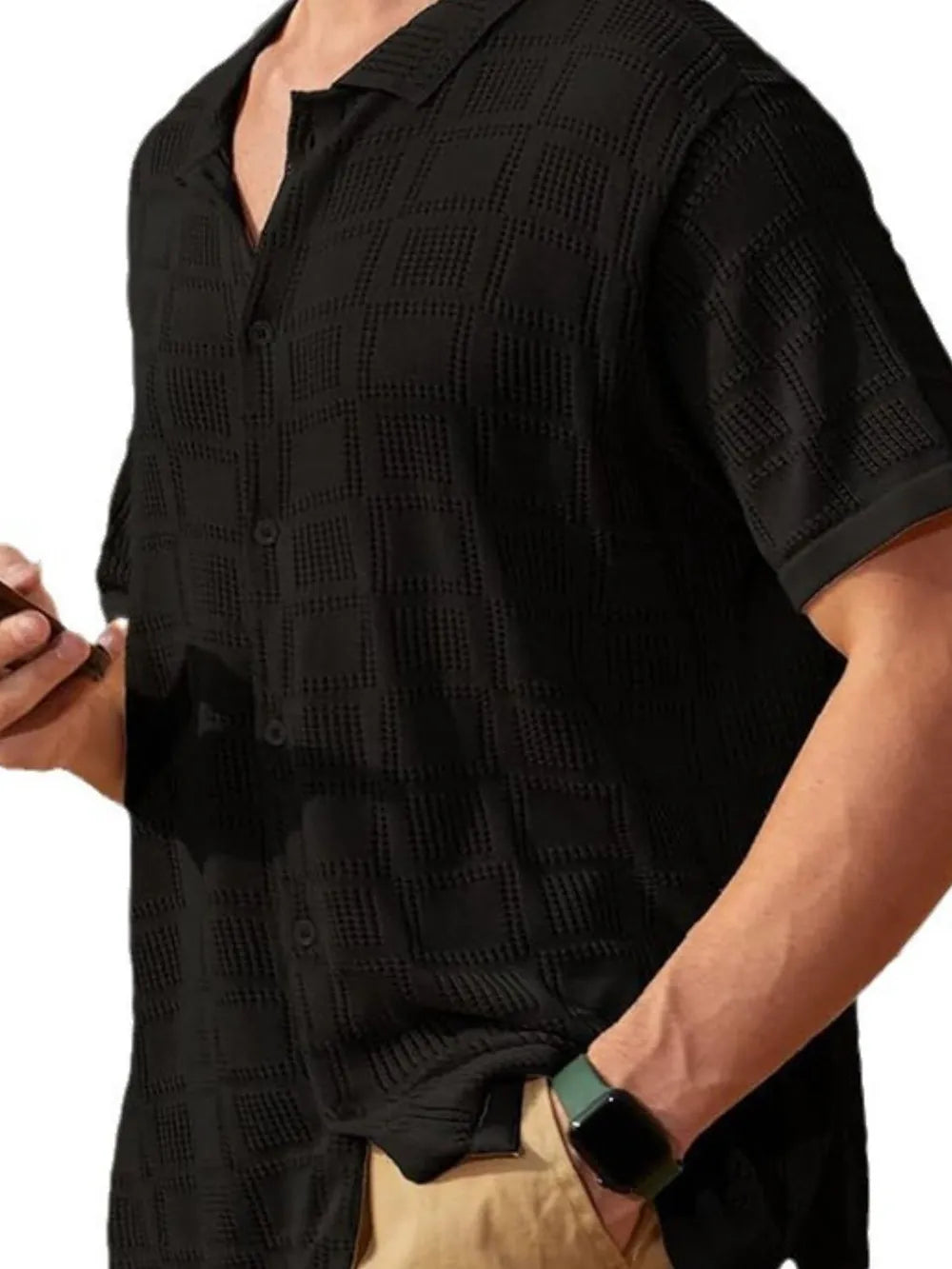 Men's plus size short sleeve button-down shirt by Trendsi, full size, casual fit, navy blue fabric, laid flat for display.