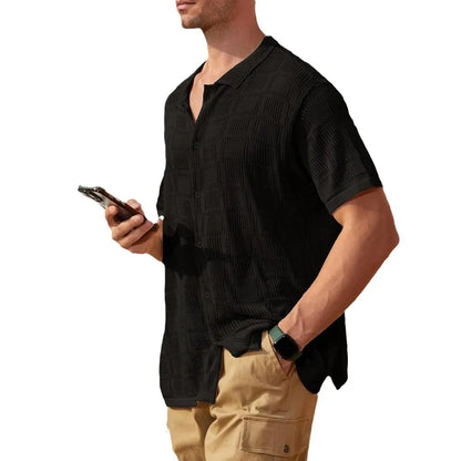Men's plus size short sleeve button-down shirt by Trendsi, featuring a full-size fit and casual style, shown on a hanger.