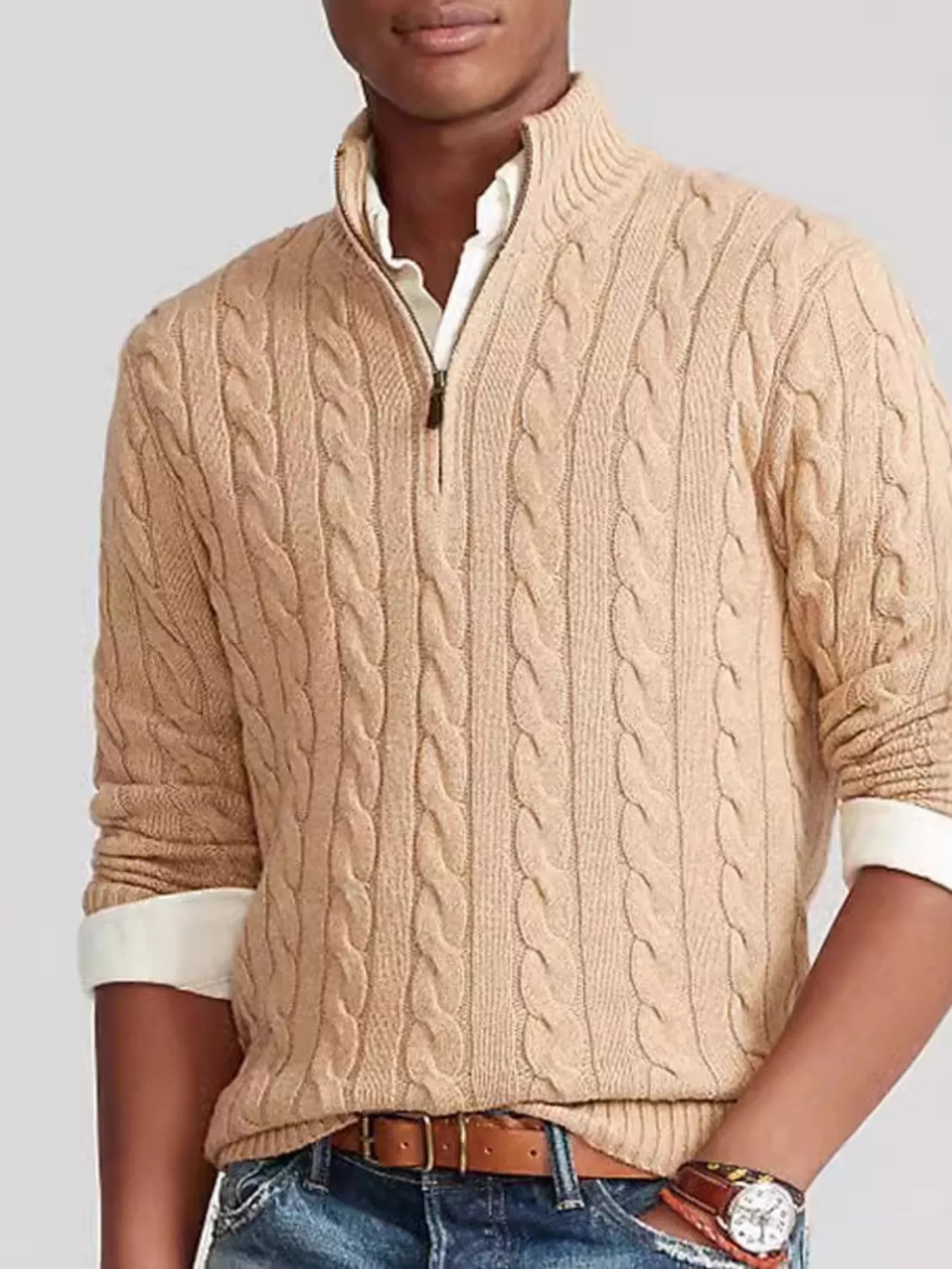 Men's full-size cable knit half-zip sweater in khaki, plus size, by Trendsi, featuring a cozy cable pattern and a stylish half-zip front.