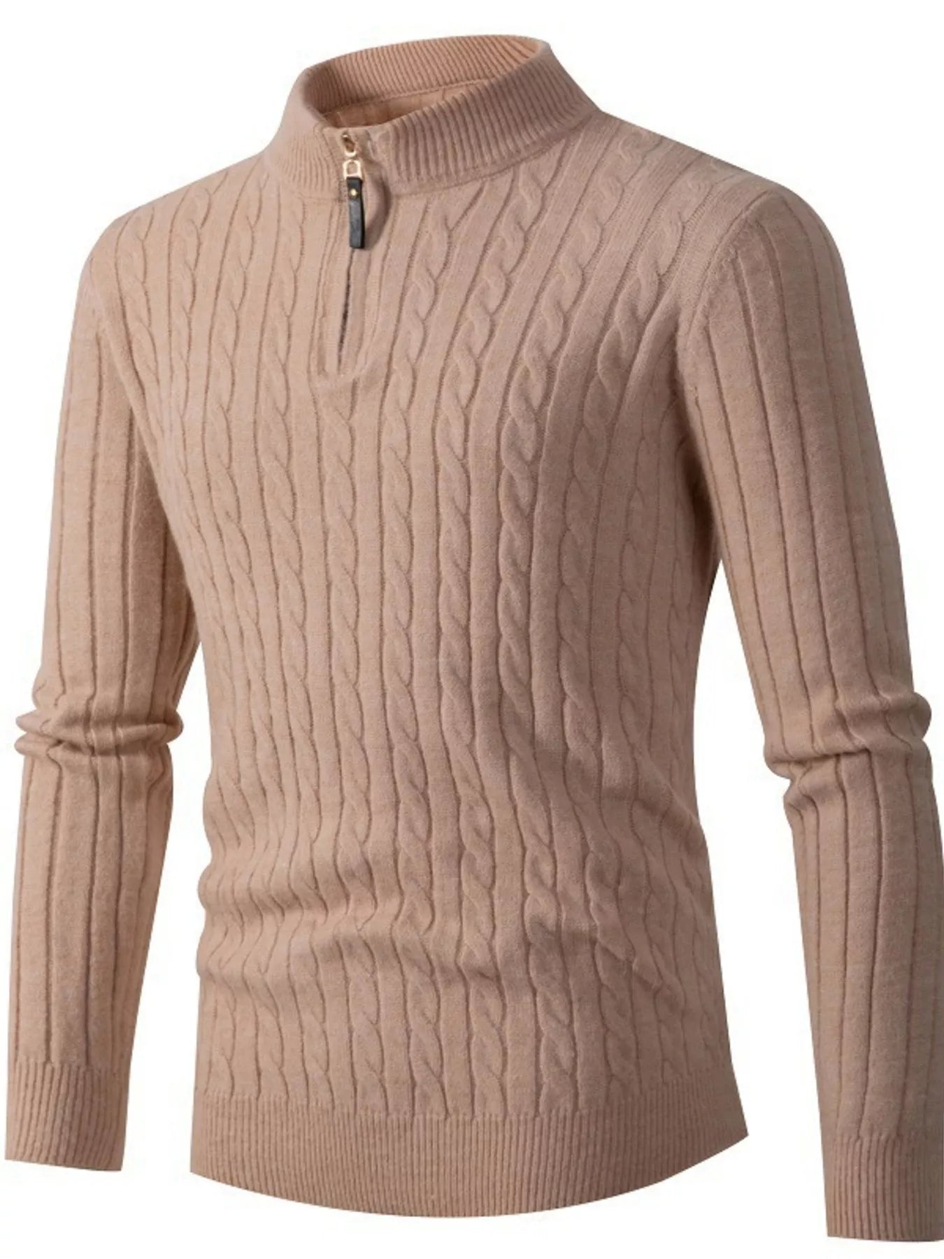 Men's full-size cable knit half-zip sweater in khaki, plus size, from Trendsi, featuring a cozy, textured knit design.