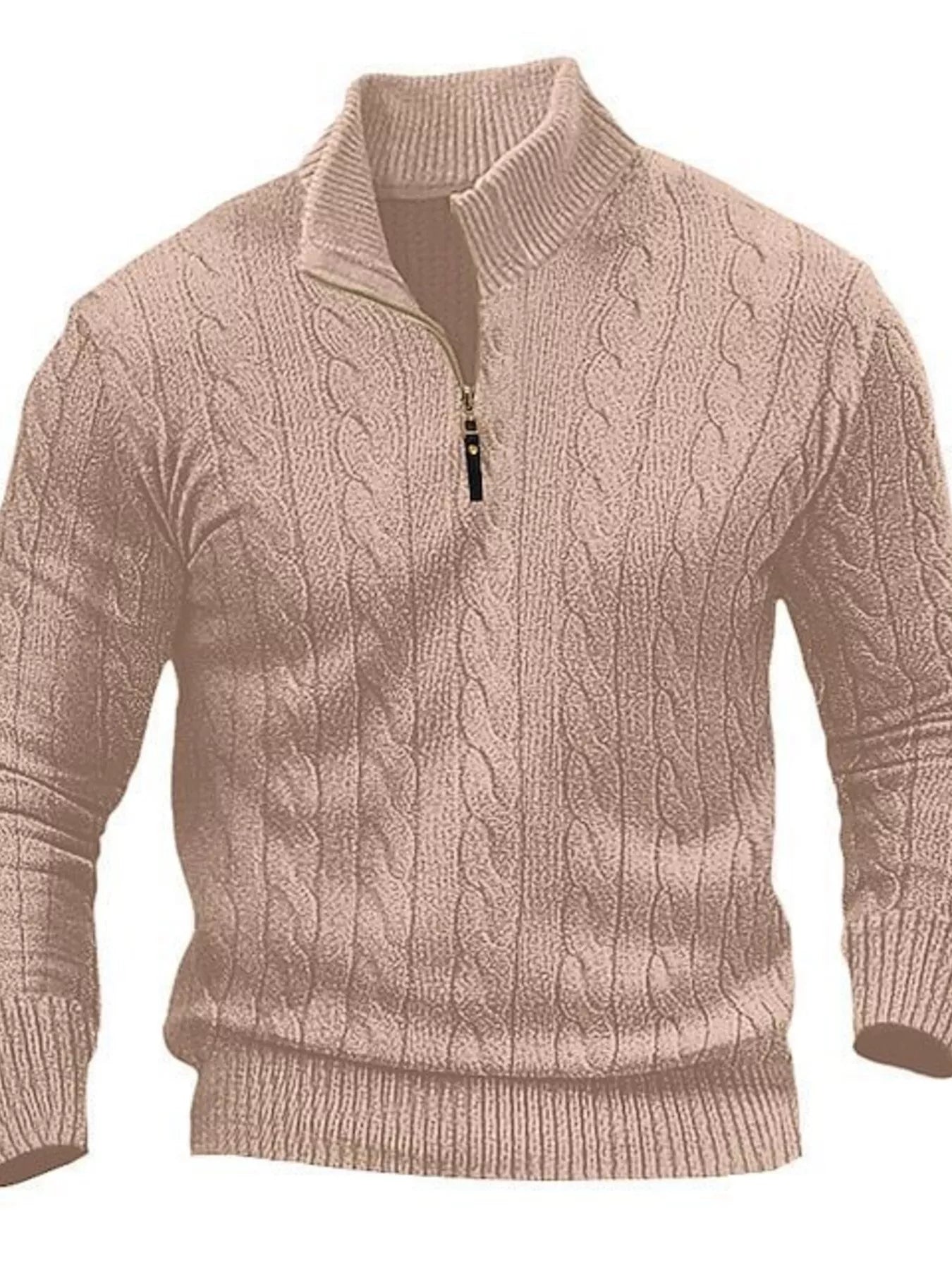 Men's full-size cable knit half-zip sweater in khaki, plus size, from Trendsi, featuring a cozy ribbed collar and textured knit pattern.
