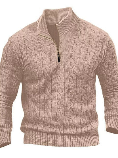 Men's full-size cable knit half-zip sweater in khaki, plus size, from Trendsi, featuring a cozy ribbed collar and textured knit pattern.