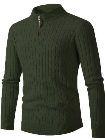 Men's full-size cable knit half-zip sweater in khaki, plus size, by Trendsi, featuring a cozy cable pattern and a stylish half-zip collar.