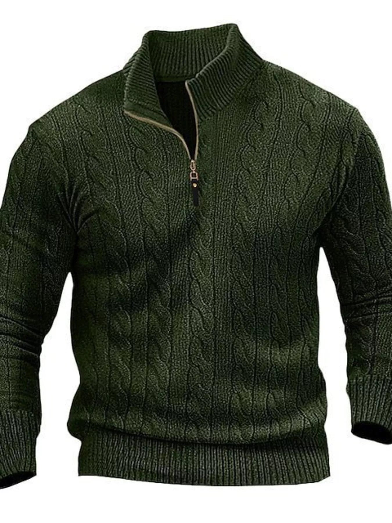 Men's plus size cable knit half-zip sweater in khaki, made by Trendsi, featuring a cozy, full-size design and classic knit pattern.