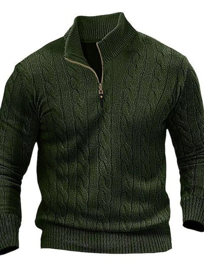 Men's plus size cable knit half-zip sweater in khaki, made by Trendsi, featuring a cozy, full-size design and classic knit pattern.