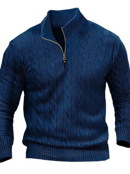 Men's full size cable knit half-zip sweater in khaki, plus size, by Trendsi, featuring a cozy knit design and a half-zip front.